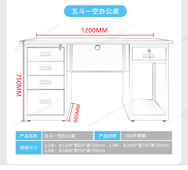 不銹鋼醫(yī)用辦公桌單人職員車(chē)間工作臺(tái)醫(yī)療實(shí)驗(yàn)室防腐1.4米五斗一空電腦桌