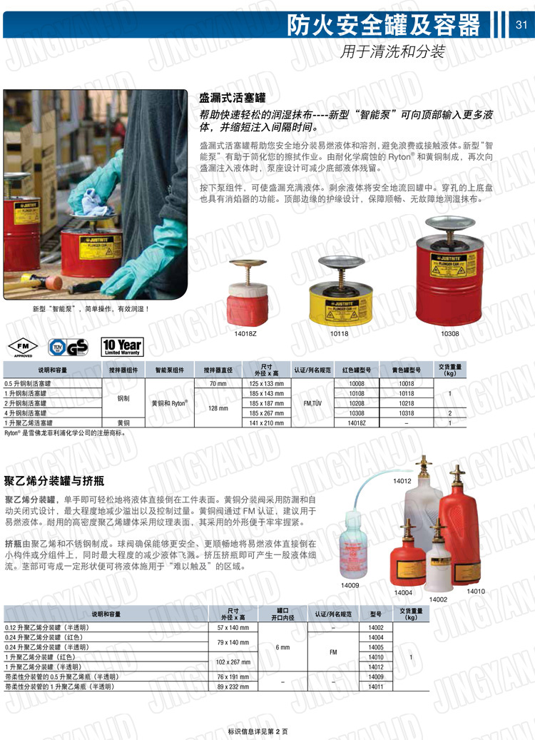 美國(guó)杰斯瑞特，JUSTRITE，活塞安全罐，盛漏式活塞罐，化學(xué)品分裝罐，